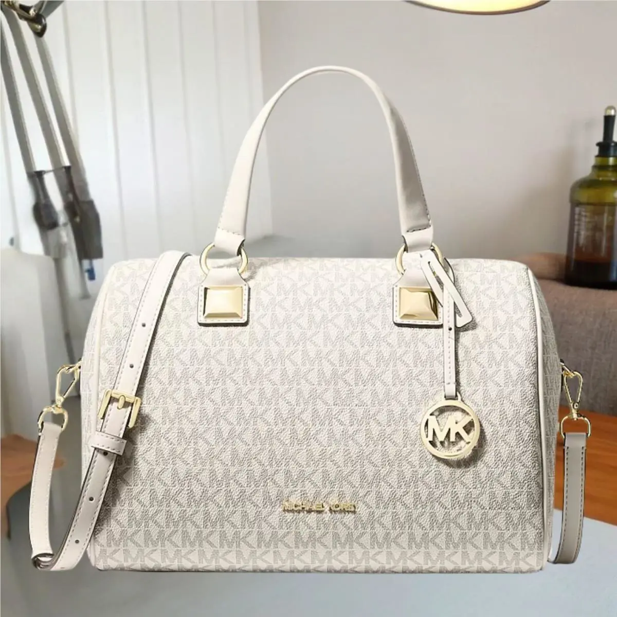 Michael Kors Grayson Women Medium MK Logo Duffel Crossbody Handbag Light Cream