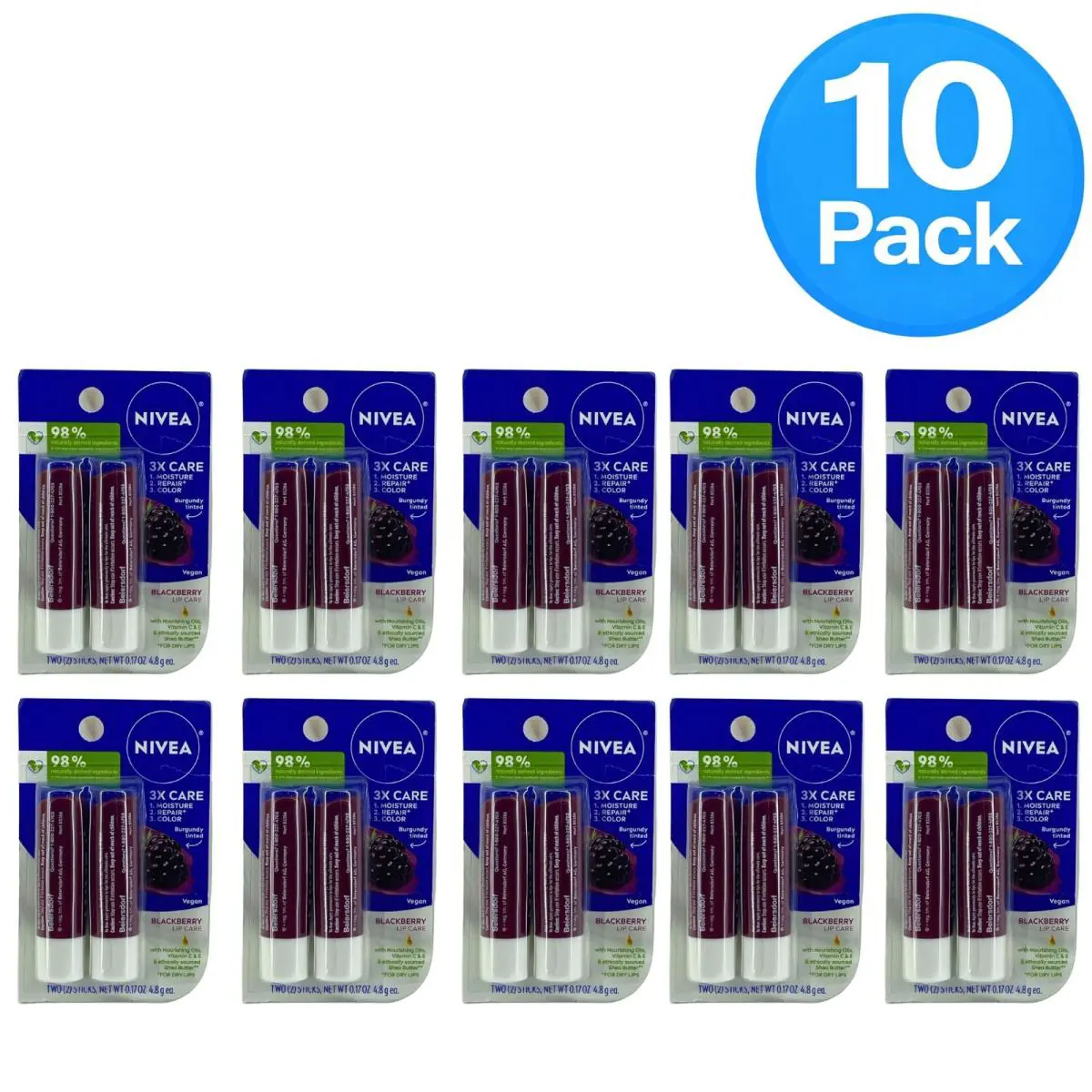Nivea Blackberry Lip Care Tinted Lip Balm 0.17oz 2-Pack 10 Sets - 20 Sticks