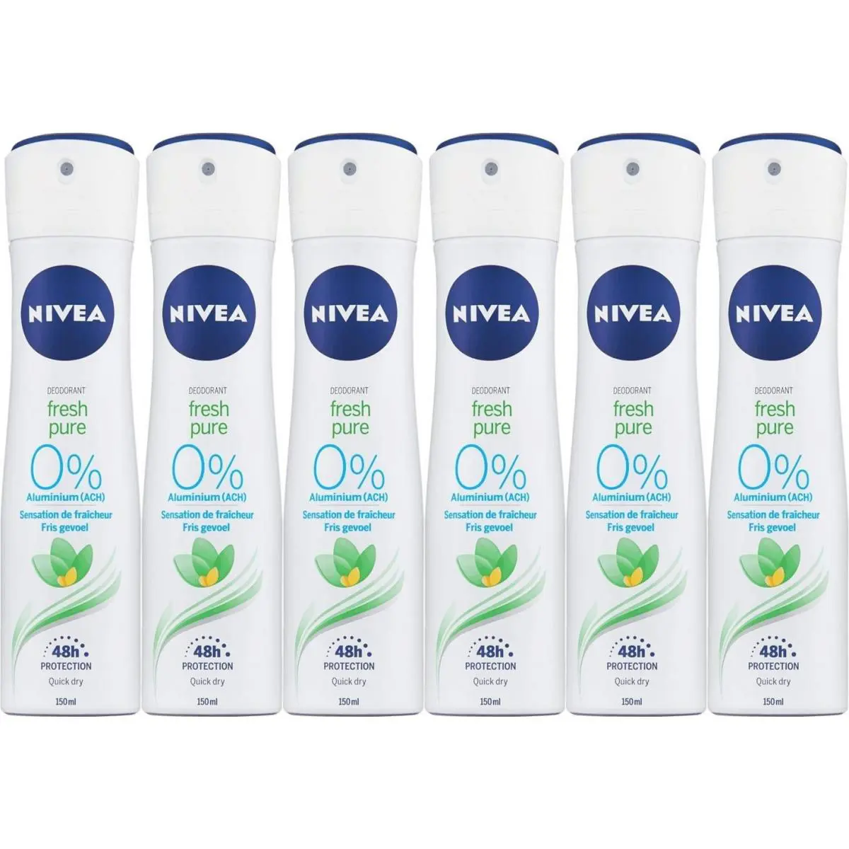 Nivea Fresh Pure %0 Aluminium 48h Spray Deodorant 150 ml Pack of 6