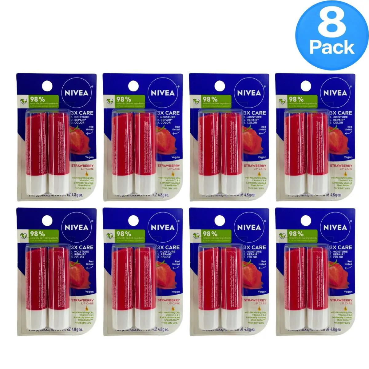 Nivea Strawberry Lip Care 3X Care Moisture Repair Color 0.17oz 2ct 8 Pack
