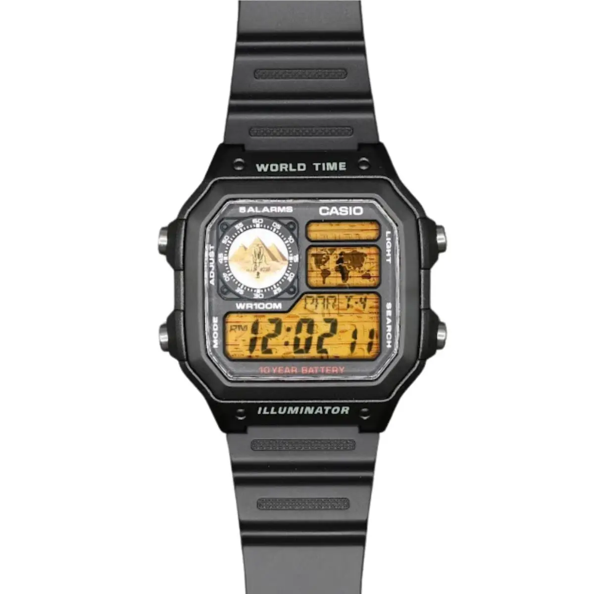 Casio AE-1200WHD Royale World Time Watch Mod Pyramids Hieroglyphics Display