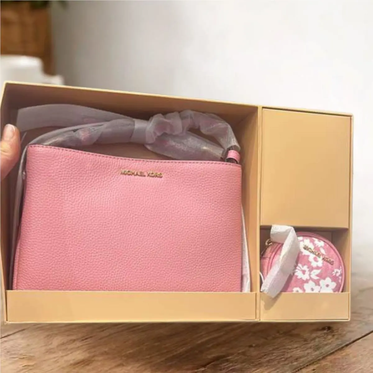 Michael Kors Trisha Handbag Leather Crossbody Bag + Pouch Gift Box Set Carnation