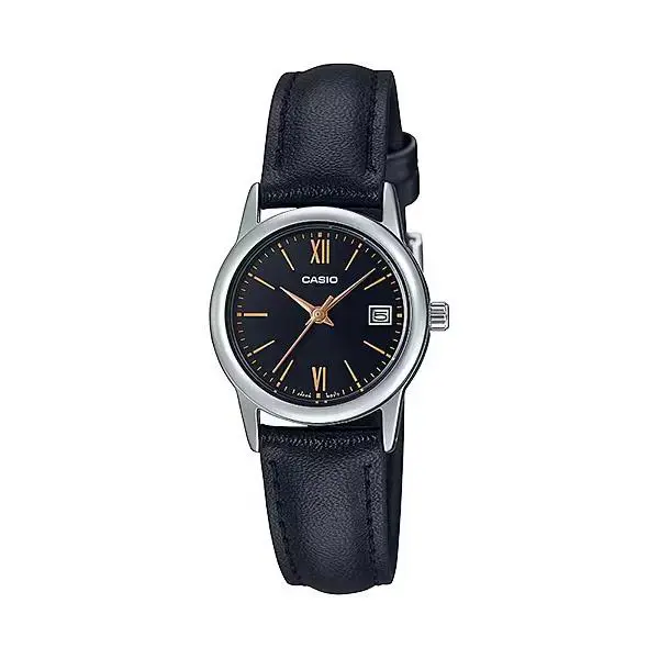 Casio Women’s Black Leather Watch with Black Dial and Gold Markers