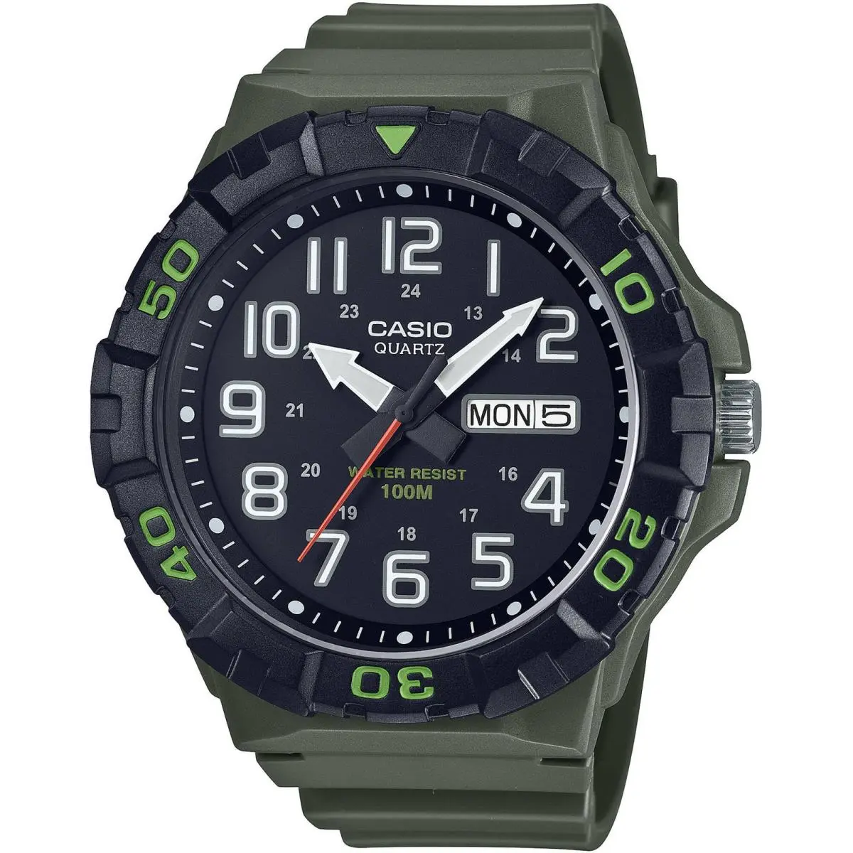 Men`s Watch Quartz Day Date Black Dial Green Resin Strap MRW-210H-3AVCF by Casio