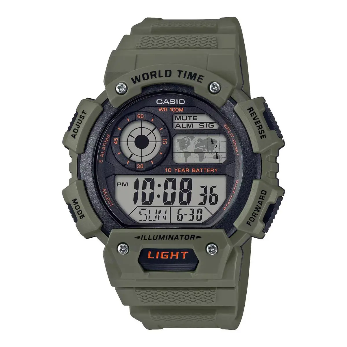 Casio Unisex Olive-green Dial Digital World Time Watch - Casio AE‑1400WH‑3A