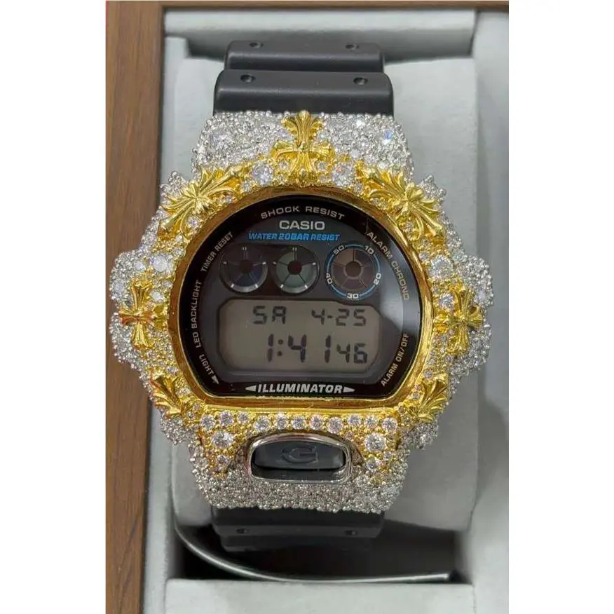 Custom Moissanite G-shock DW-6900 Watch Chrome Style Bezel by Casio