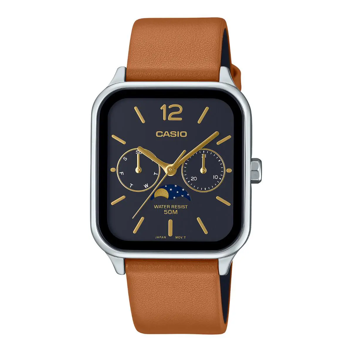 Casio MTP-M305L-1AV Men`s Moon Phase Analog Watch Stainless Steel Leather Band