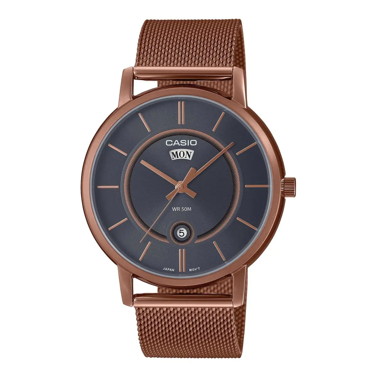 Casio Men’s Rose Gold Gray Dial Stainless Steel Mesh Bracelet Watch