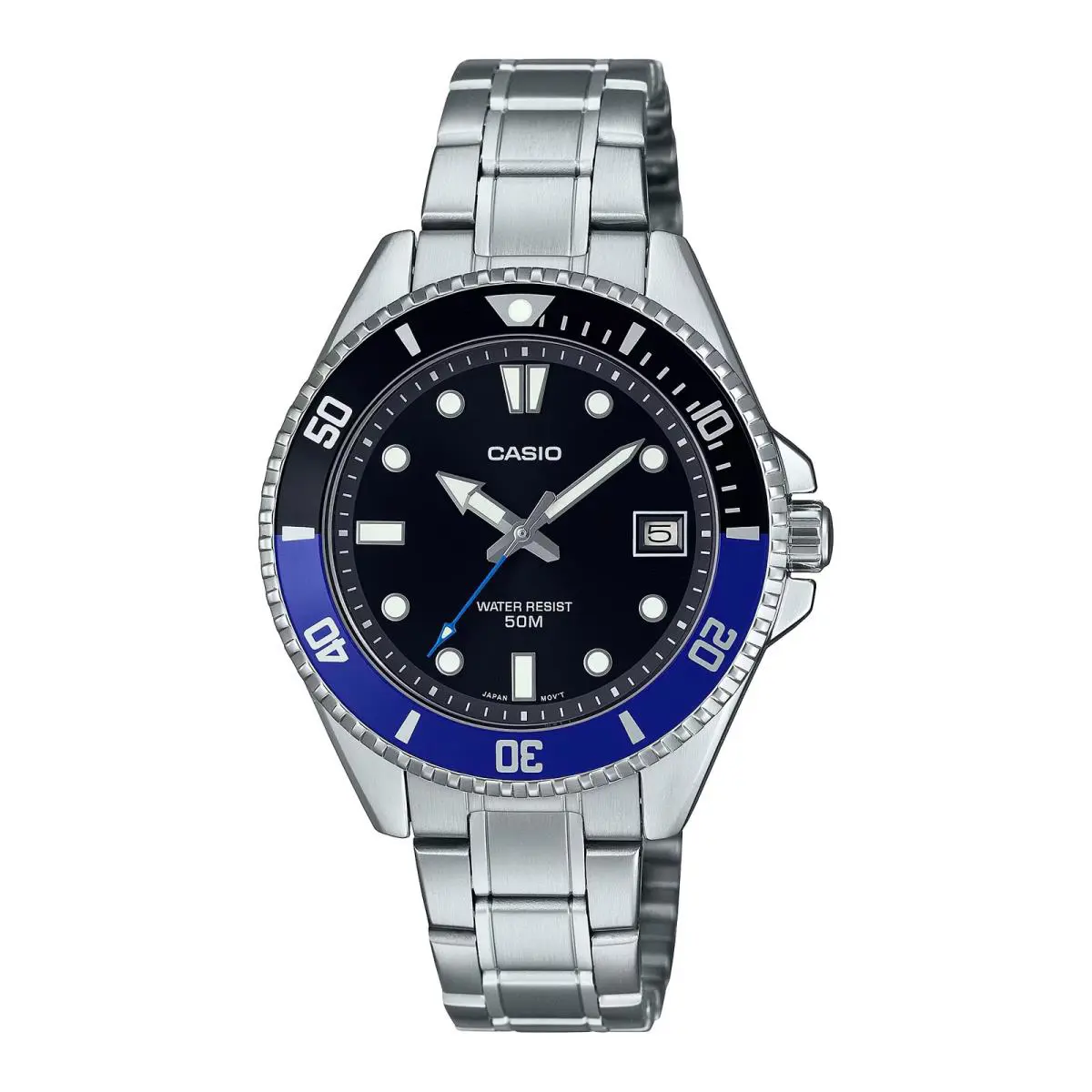 Casio Men’s Stainless Steel Watch with Black Dial and Black-blue Bezel