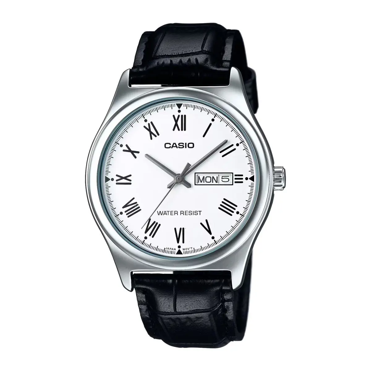 Casio Men’s White Roman Dial Day Date Analog Watch with Leather Strap