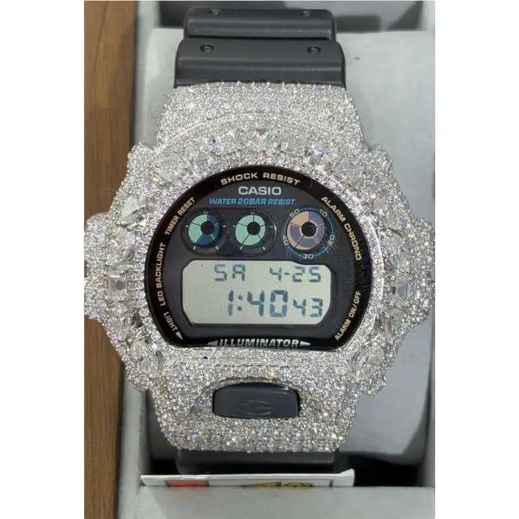 Custom Moissanite White Tone Bezel G-shock DW-6900 Watch by Casio