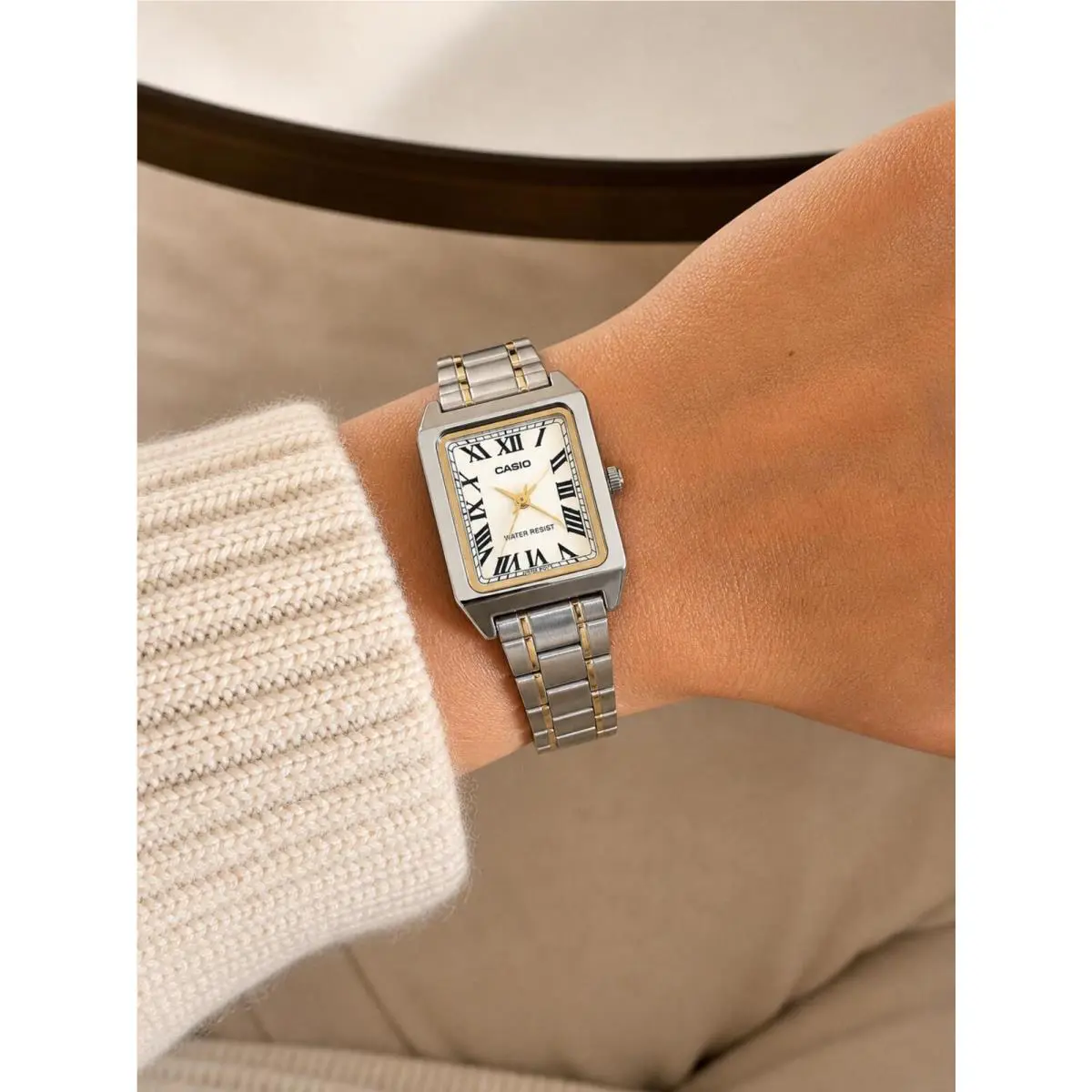 Casio Gold and Silver Rectangular Watch Women Roman Dial Dress Watch Two Tone Classic