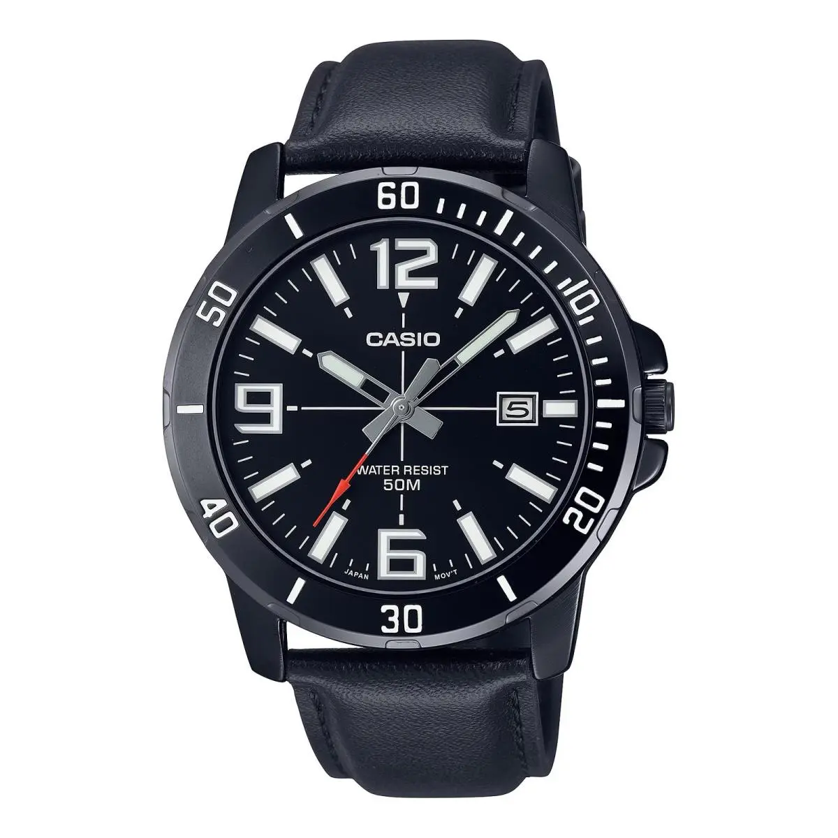 Casio Men’s Black Analog Watch with Date Display and Leather Band