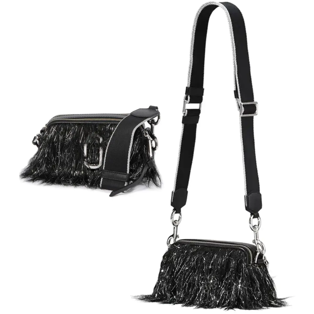 Marc Jacobs Creature Snapshot Fur Crossbody Shoulder Bag Black Silver