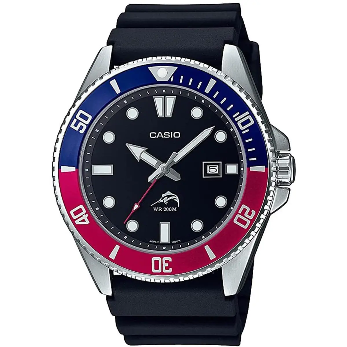 Casio MDV106B-1A2V Men`s Duro 200M Black Resin Band Black Dial Analog Dive Watch - Dial: Black, Band: Black, Bezel: Multicolor, Red