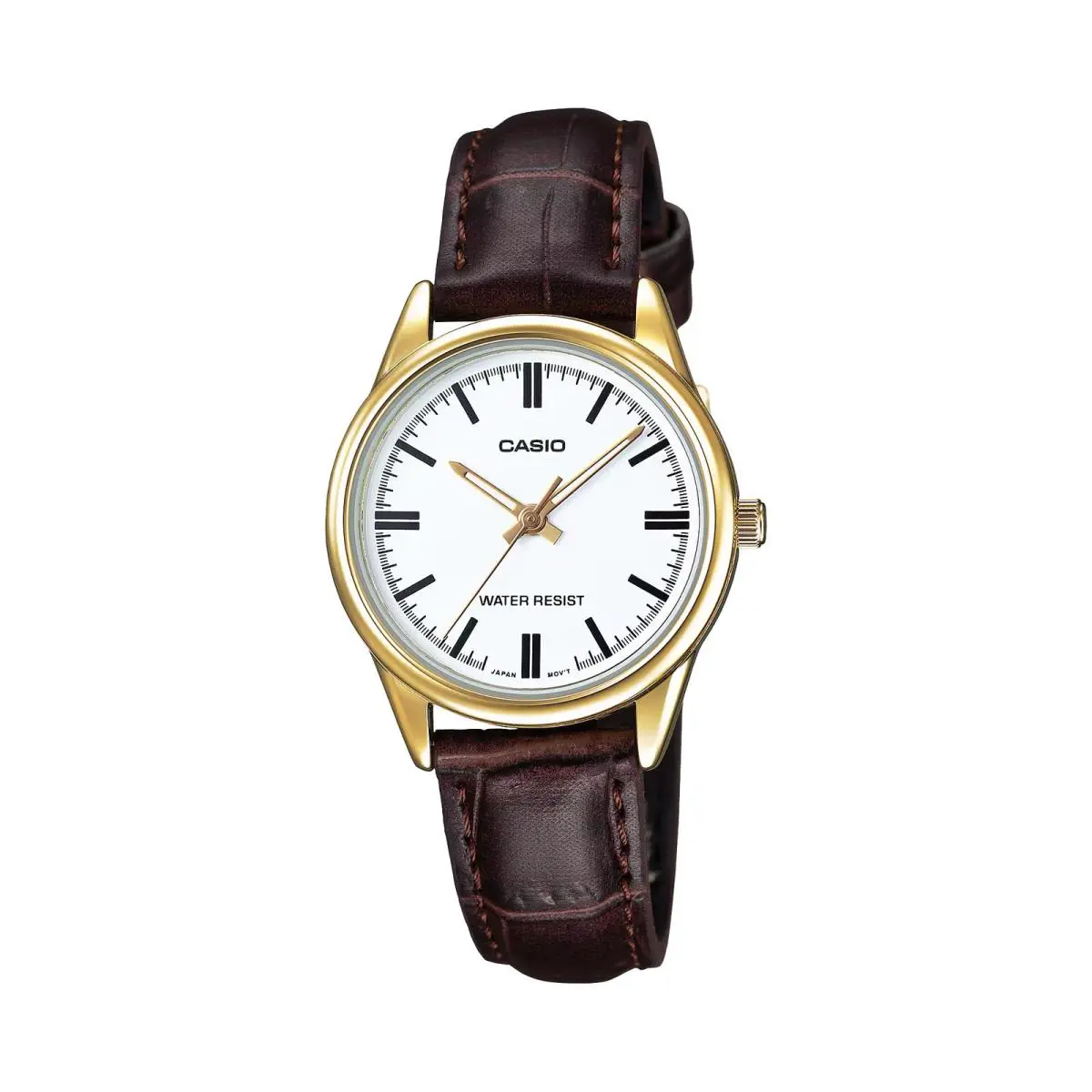 Casio Women’s Gold-tone Watch with White Dial and Brown Leather Band