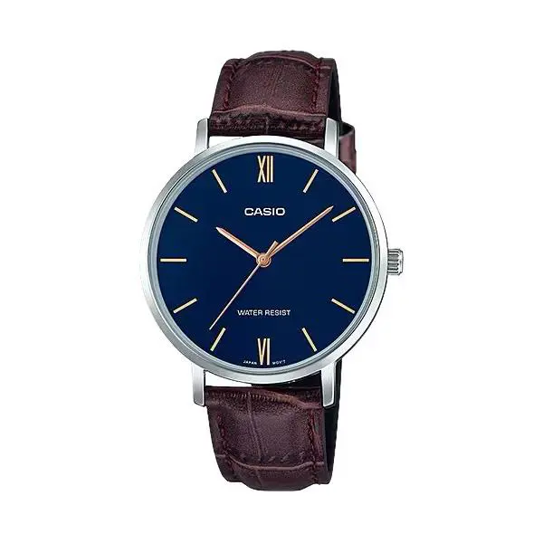 Casio Women’s Blue Dial Brown Leather Strap Watch - LTP-VT01L-2BUDF