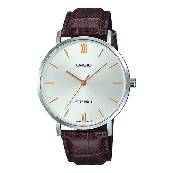 Casio Men’s Silver Analog Watch with Orange Accents and Brown Leather Strap