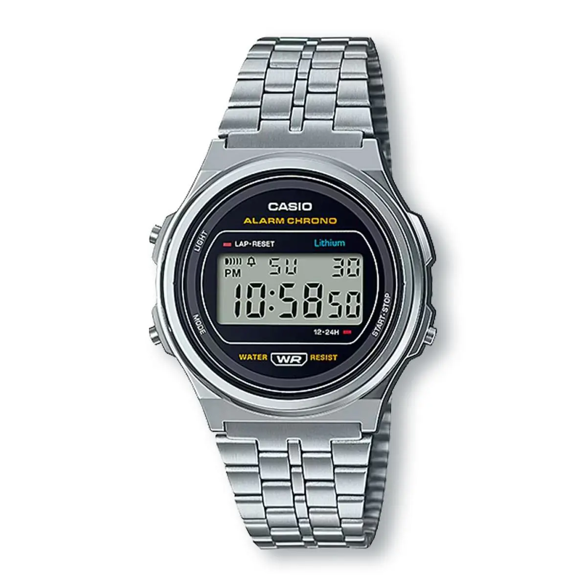 Casio A171WE-1A Unisex Stainless Steel Silver Chrono Alarm Lcd