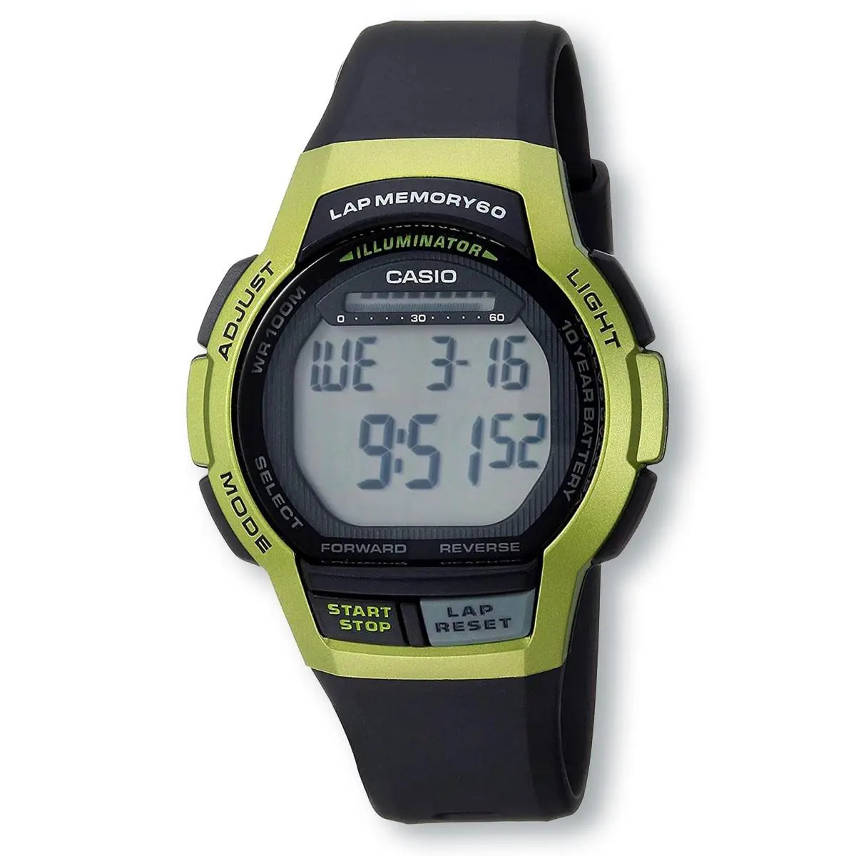 Casio WS1000H-3AV Lap Memory 60 Digital Watch Black/green