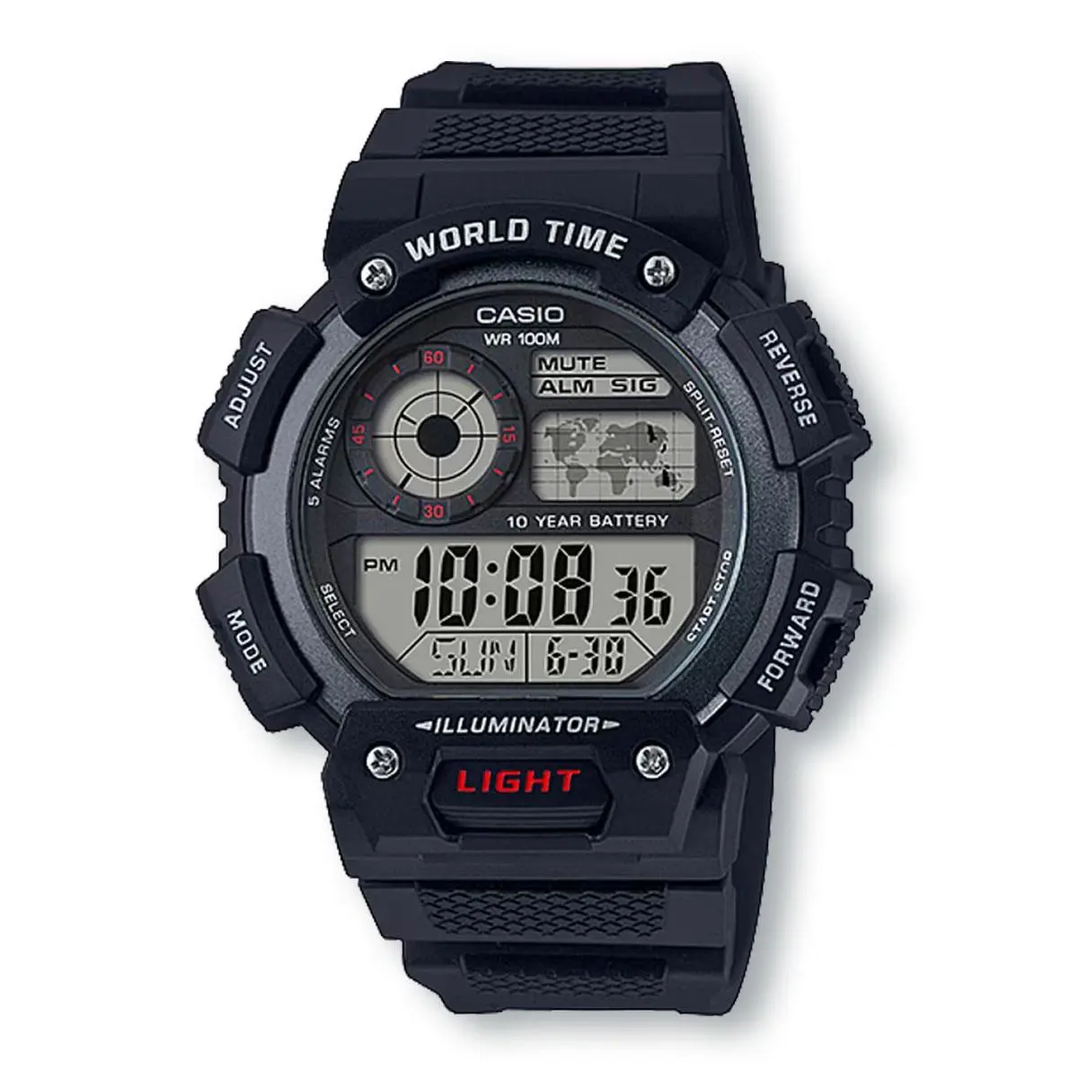 Casio AE1400WH-1AV Men`s Quartz Red Accent World Time Black Watch