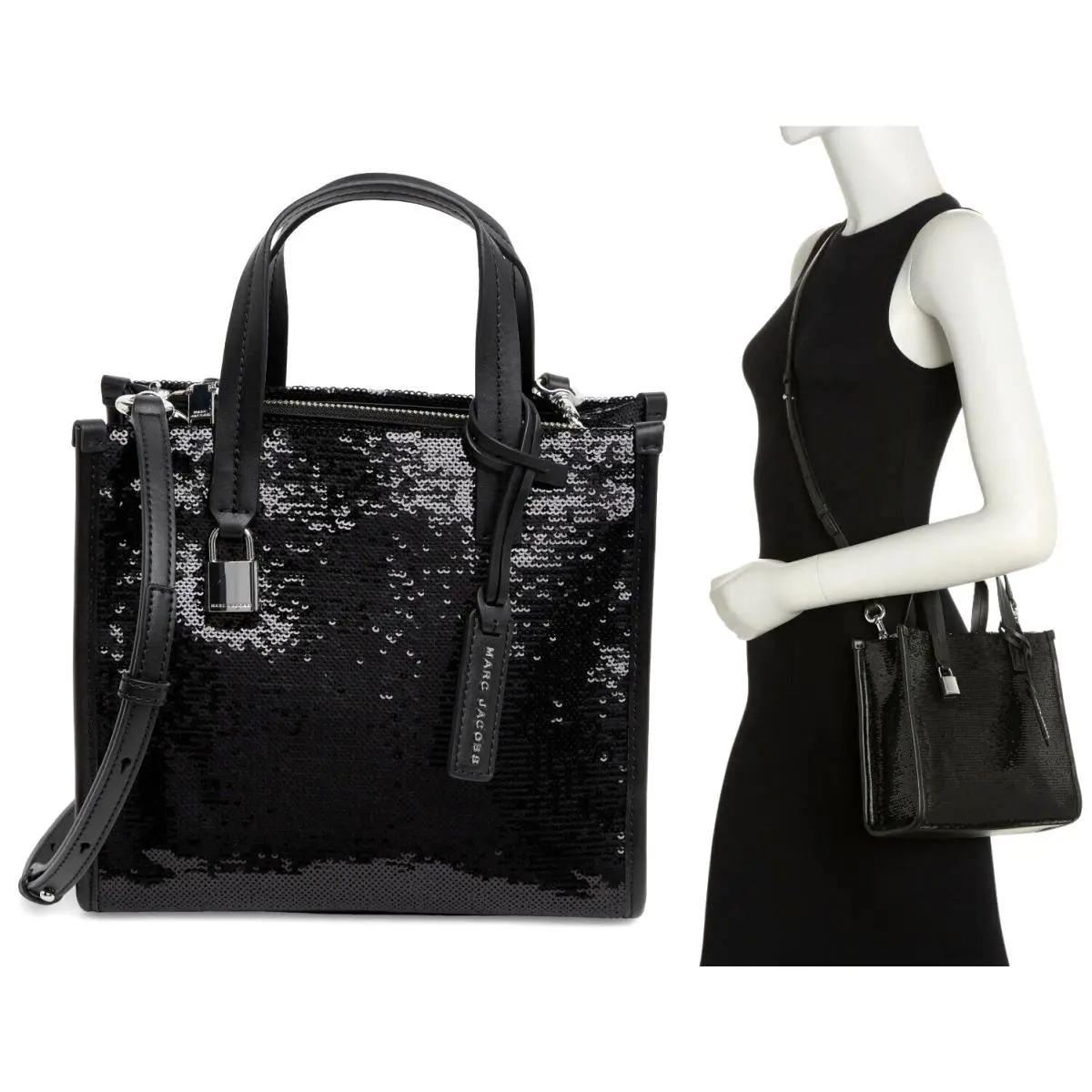 Marc Jacobs Women`s Mini Grind Sequin Tote Crossbody Shoulder Bag Purse Black