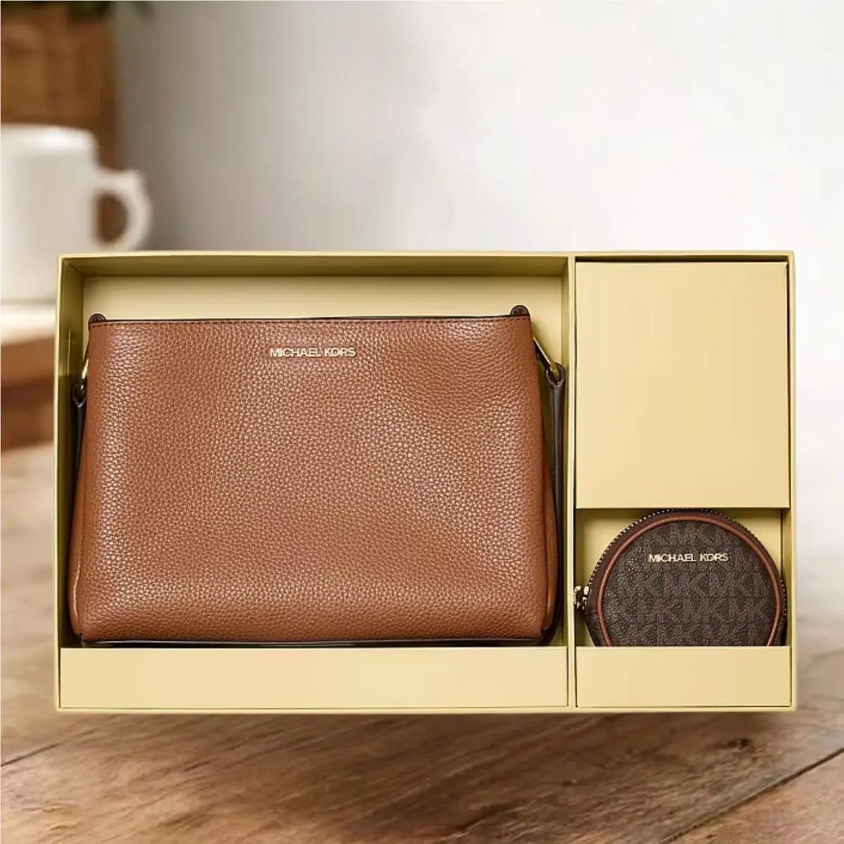 Michael Kors Trisha Women Leather Crossbody Bag + Pouch Gift Box Set Luggage