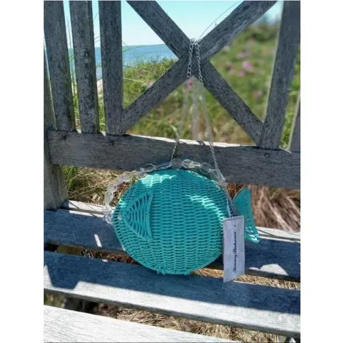Fish Teal Woven Wicker Clutch Bag by Tommy Bahama