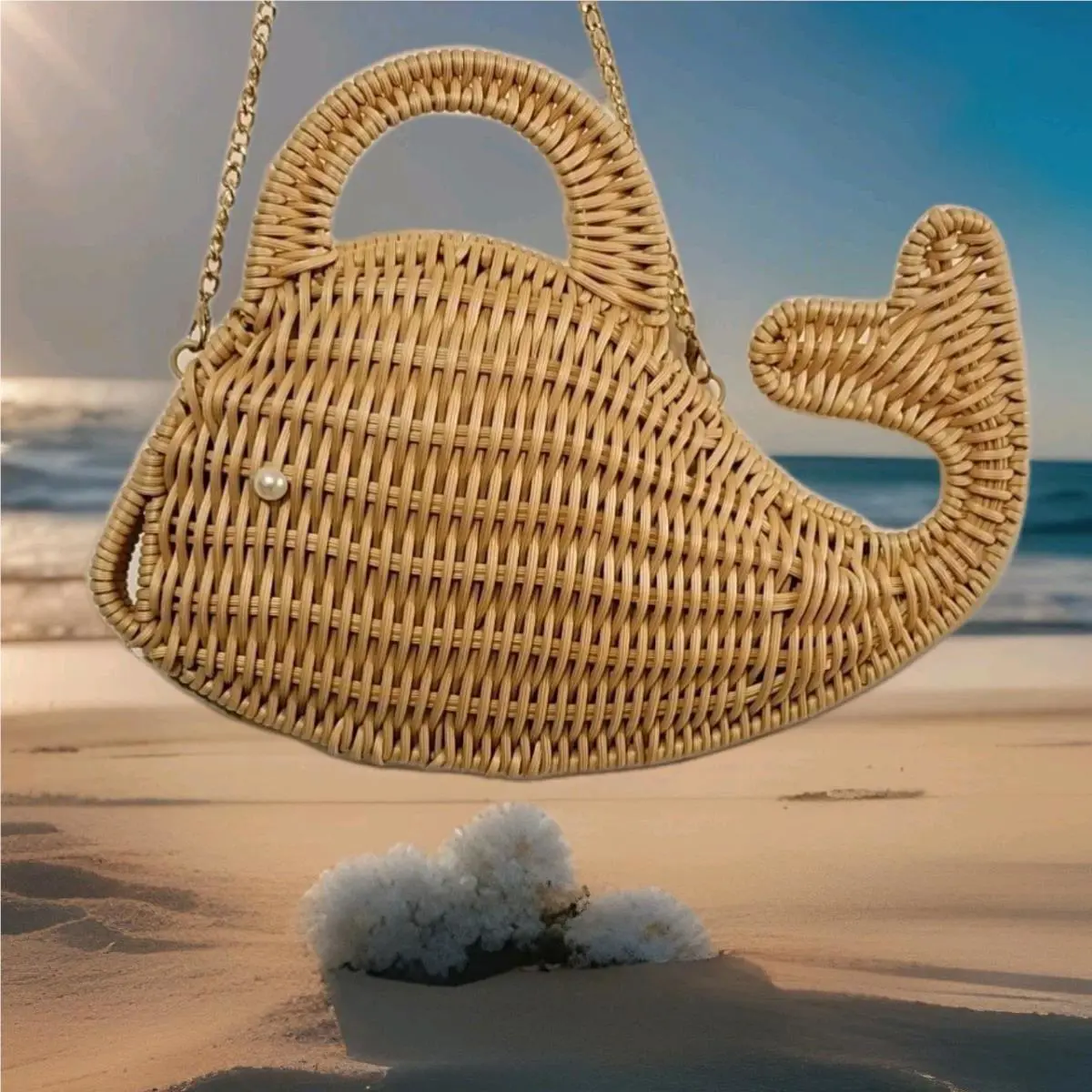 Tommy Bahama Tan Wicker Whale Purse Straw Handbag Beach Bag Novelty Tropical