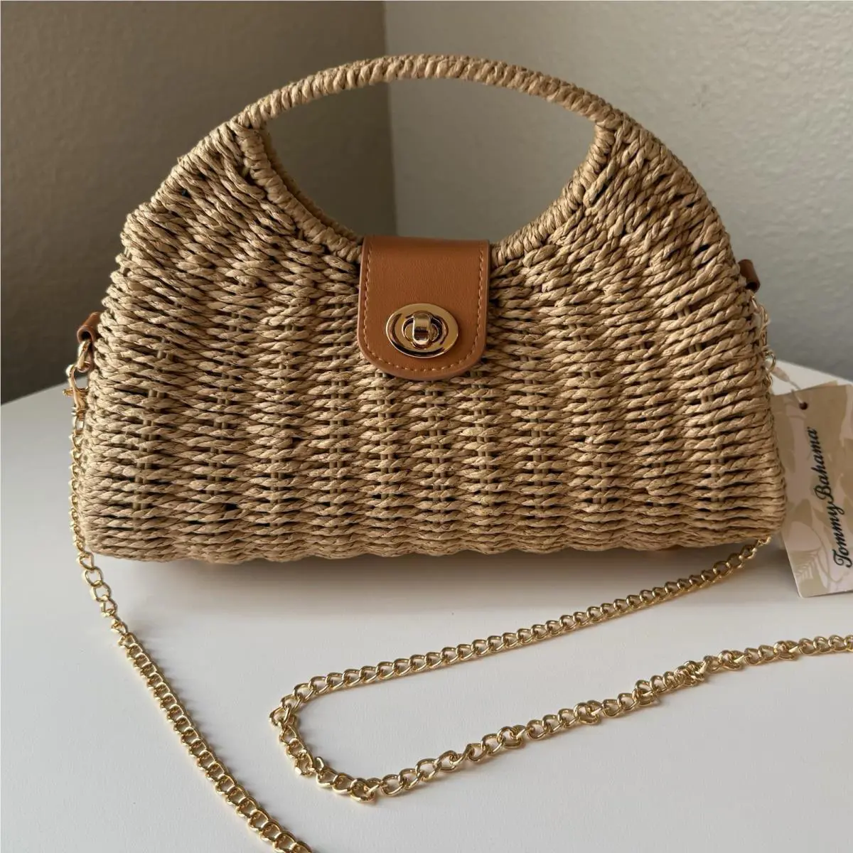 Tommy Bahama Straw Woven Satchel Crossbody Bag Gold Chain Resort Beach