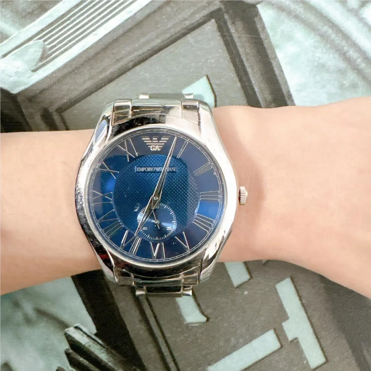 Emporio Armani Valente AR11085 Men`s Watch with Blue Dial Silver Metal Belt