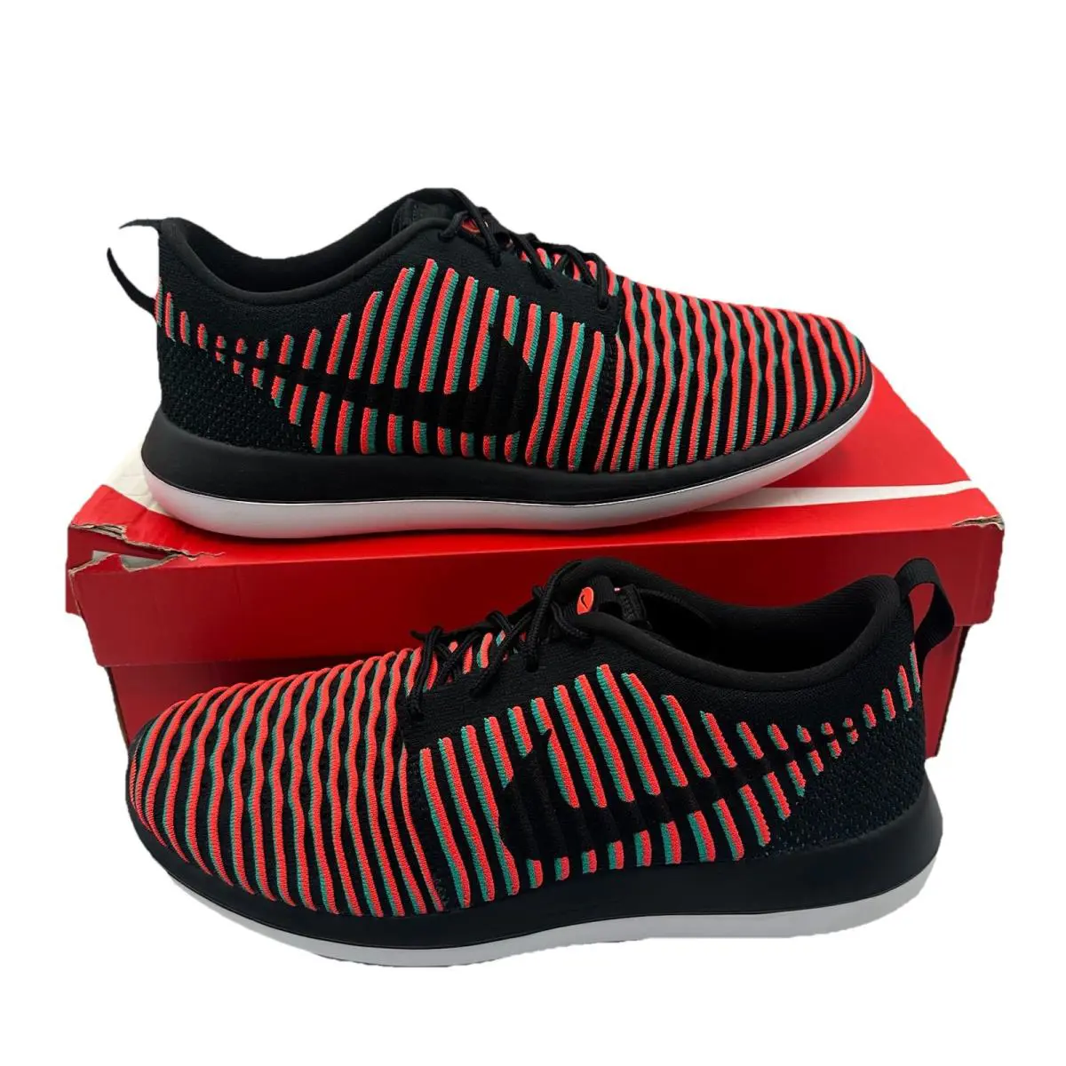 Nike Roshe Two Flyknit Running Shoes Mens 9 Black/bright Crimson/jade Sneakers
