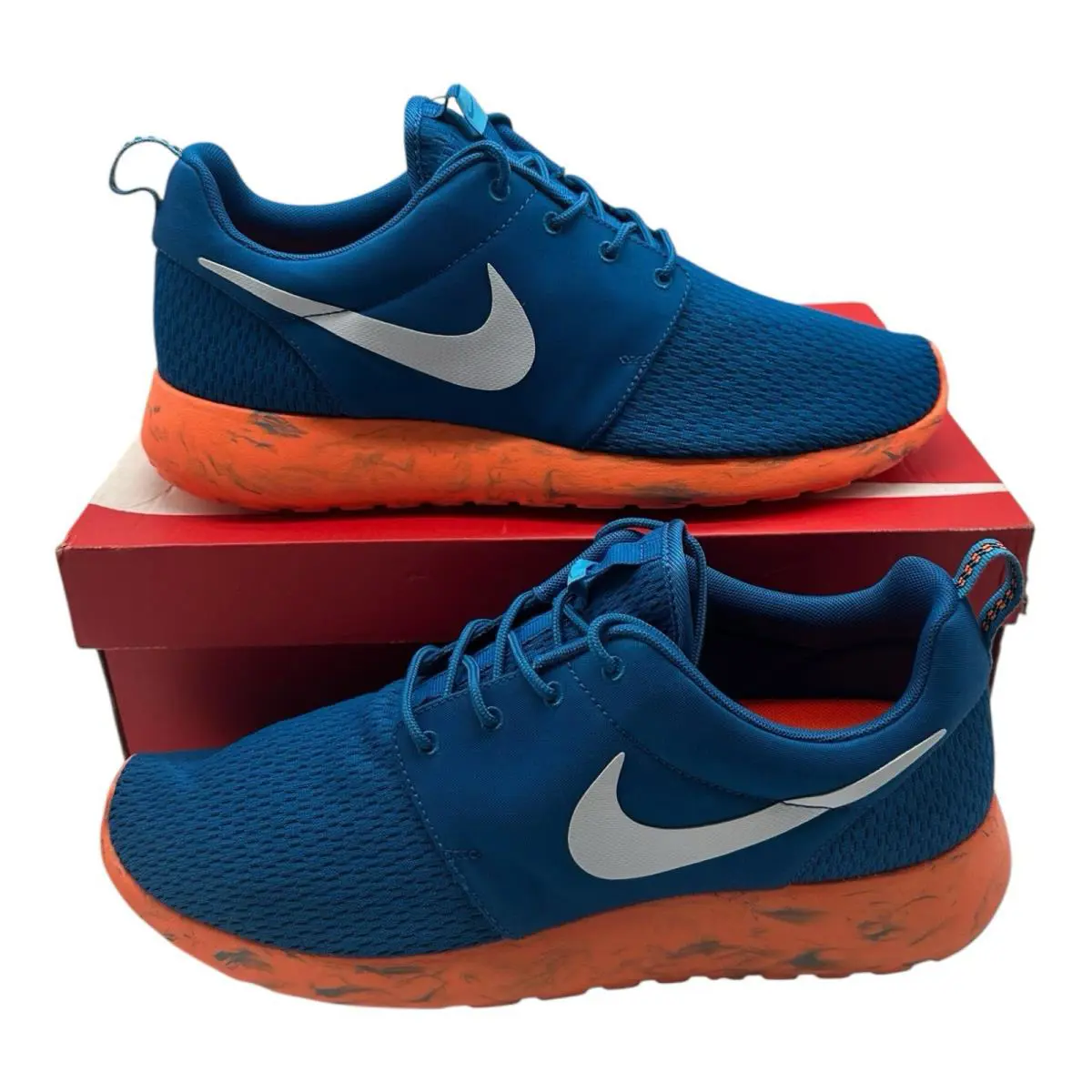 Nike Roshe Run Shoes Mens 13 Military Blue Orange Sneakers 669985-400 - Blue