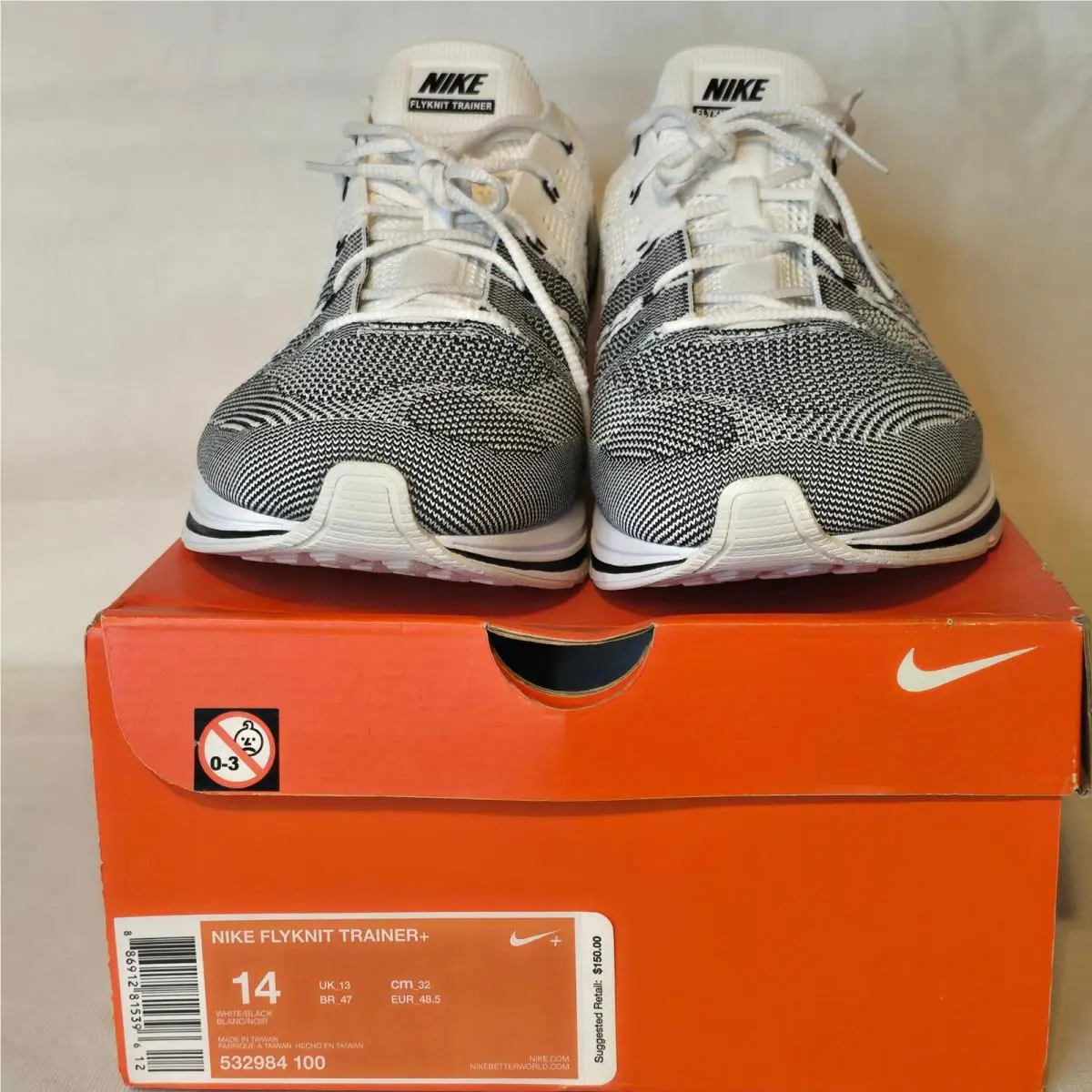 Nike Flyknit Trainer Plus Mens Sz 14 Oreo White Black Running Shoes Nos 2012