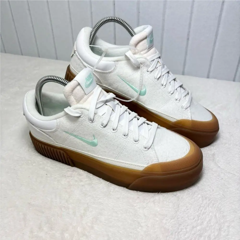 Nike Court Legacy Lift White Sneakers with Gum Soles and Mint Accents Size 8