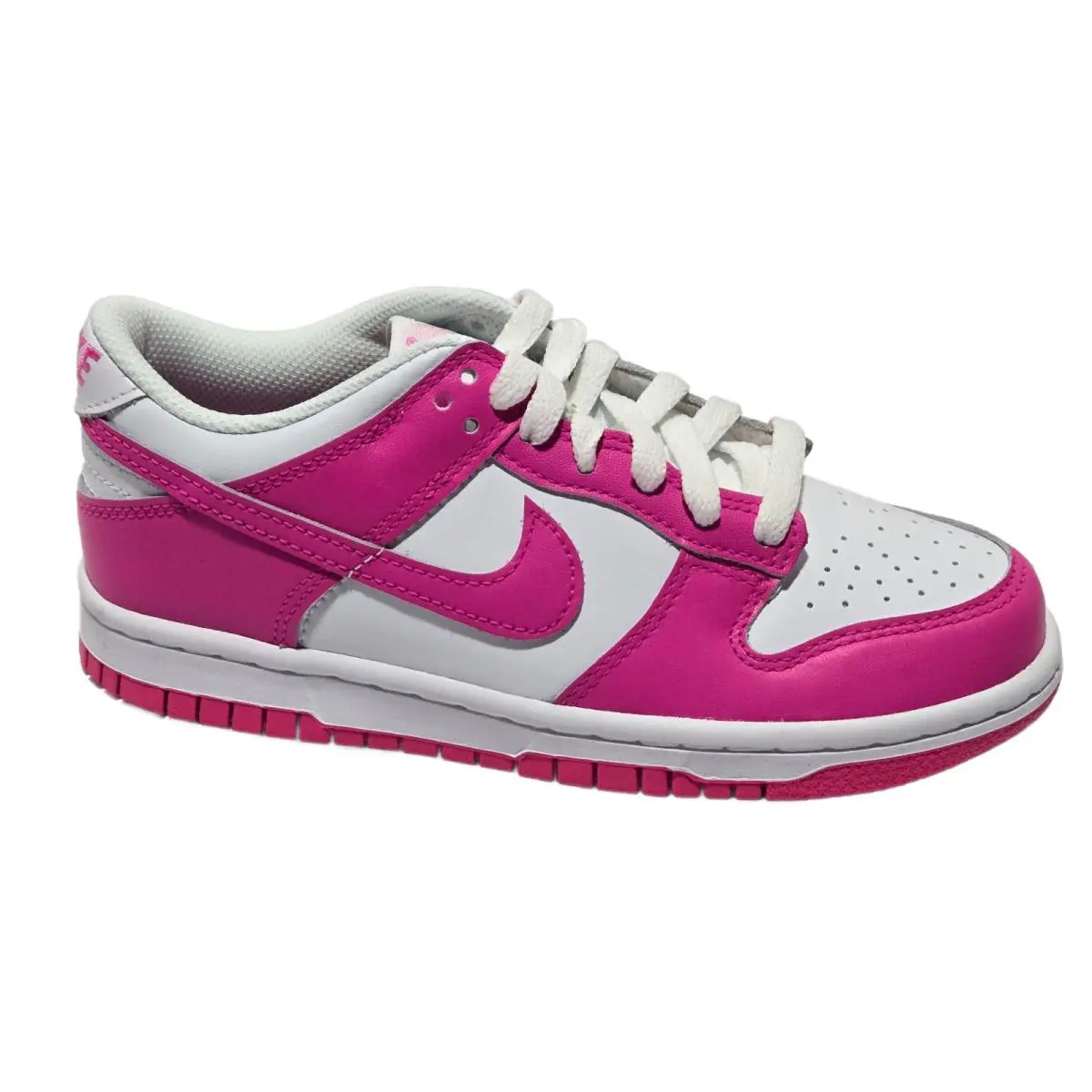 Nike Big Kids` Unisex Dunk Low Top Sneakers Shoes White Pink Laser Fuchsia 4Y