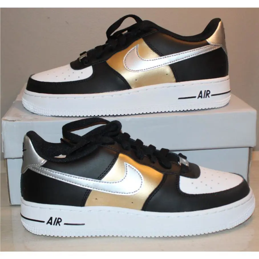Nike Air Force 1 BG Black/metallic Silver/white Boy`s Size 5.5 Youth