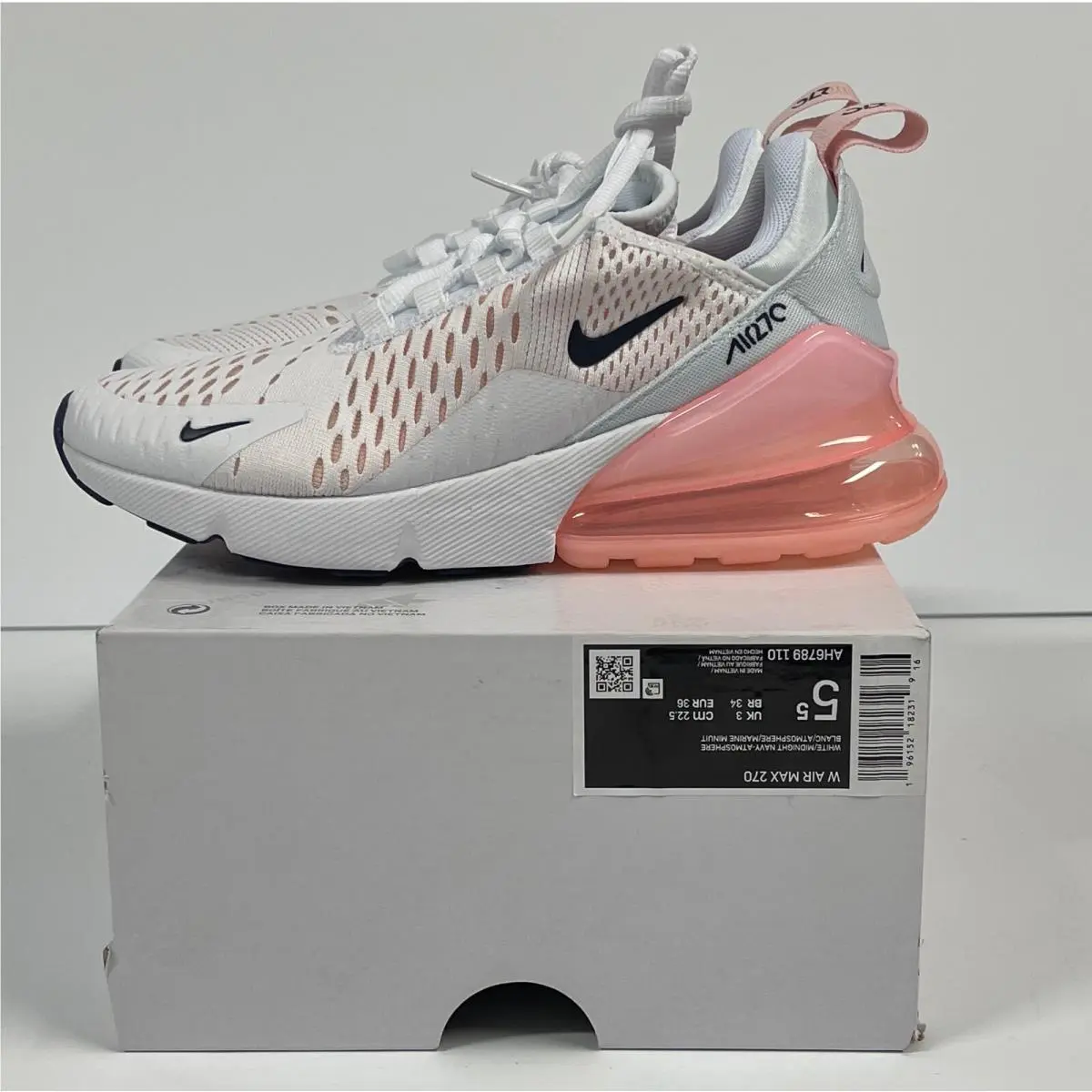 Nike Womans Air Max 270 White Navy Atmosphere Pink AH6789-110 Size 5.5