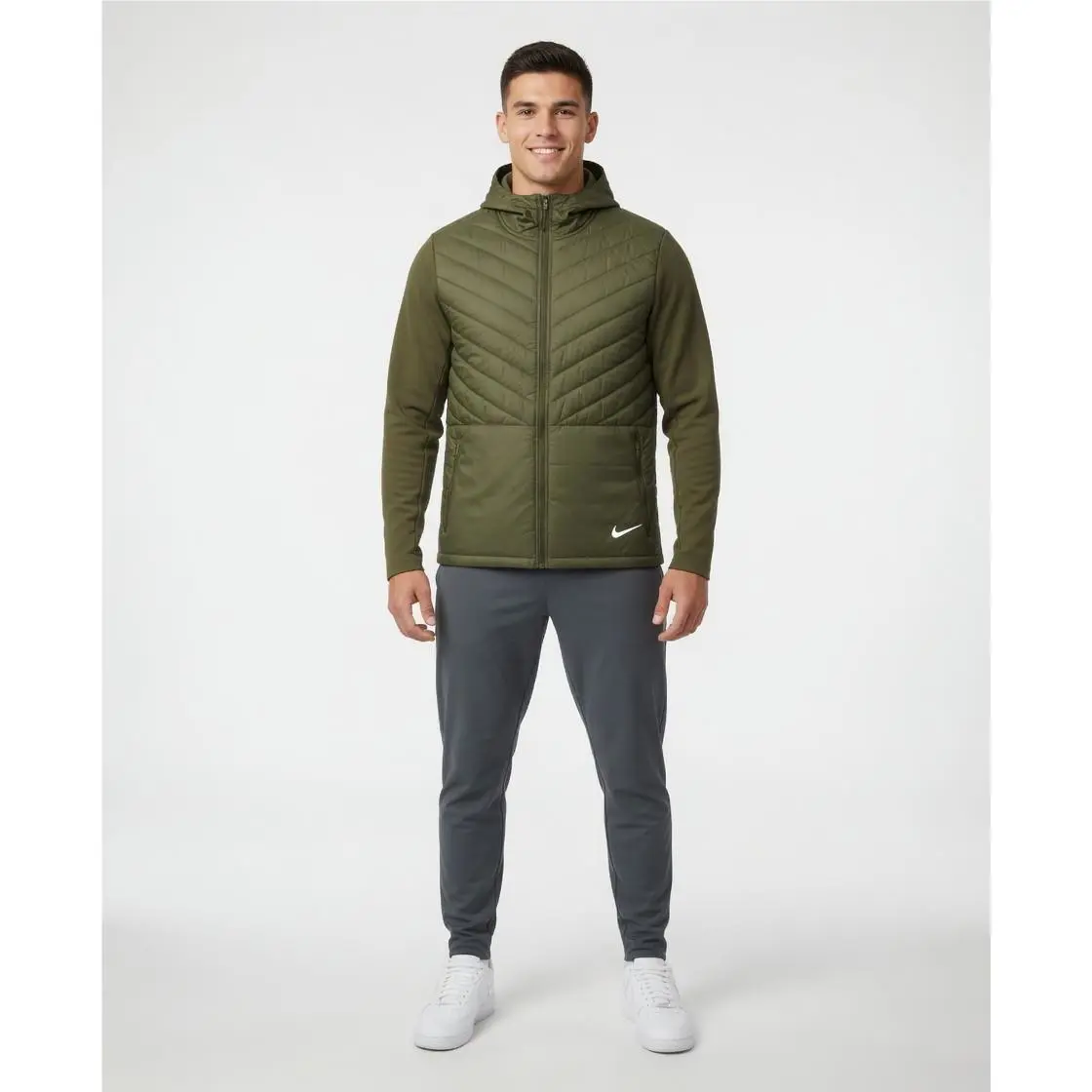 Nike Aerolayer Running Jacket Hooded Green Full Zip M Quilted Wind AH0544-395