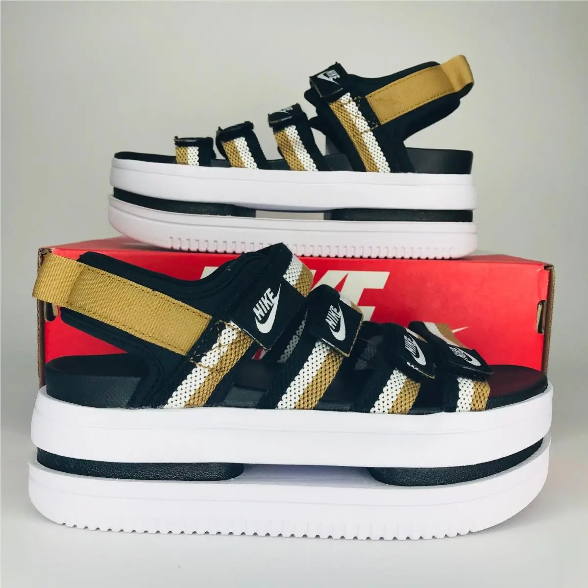 Nike Icon Classic Sandal Black White Gold Women`s 6 DH0224-002