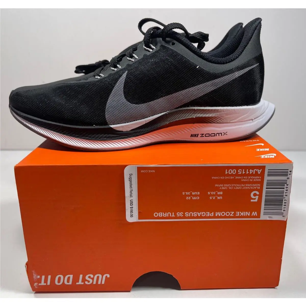 Nike Women Zoom Pegasus 35 Turbo Black Vast Grey AJ4115 001 Size 5
