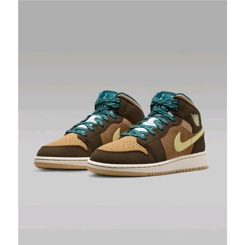 Nike Air Jordan 1 Mid SE Youth Cacao Wow Luminous Green Sneakers Size 2Y