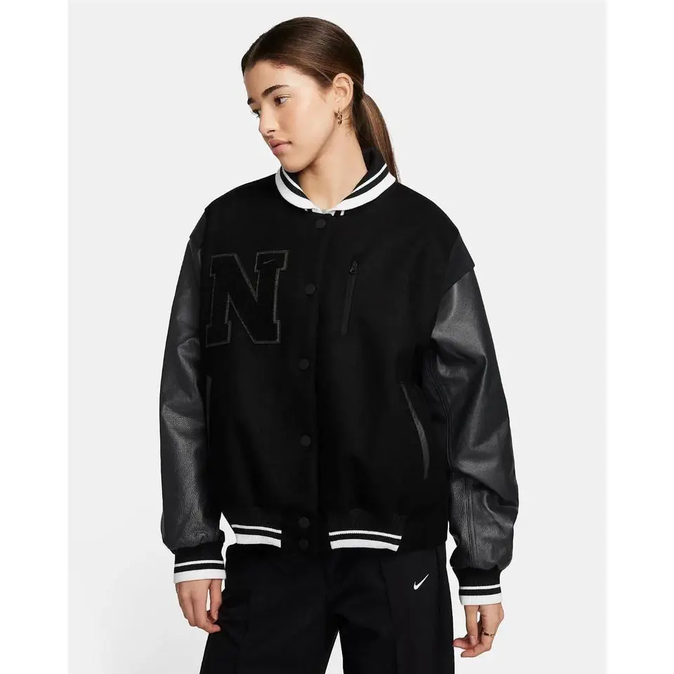 Nike Women`s Sportswear Oversized Wool Destroyer Jacket FZ5733-010 Black L/xl