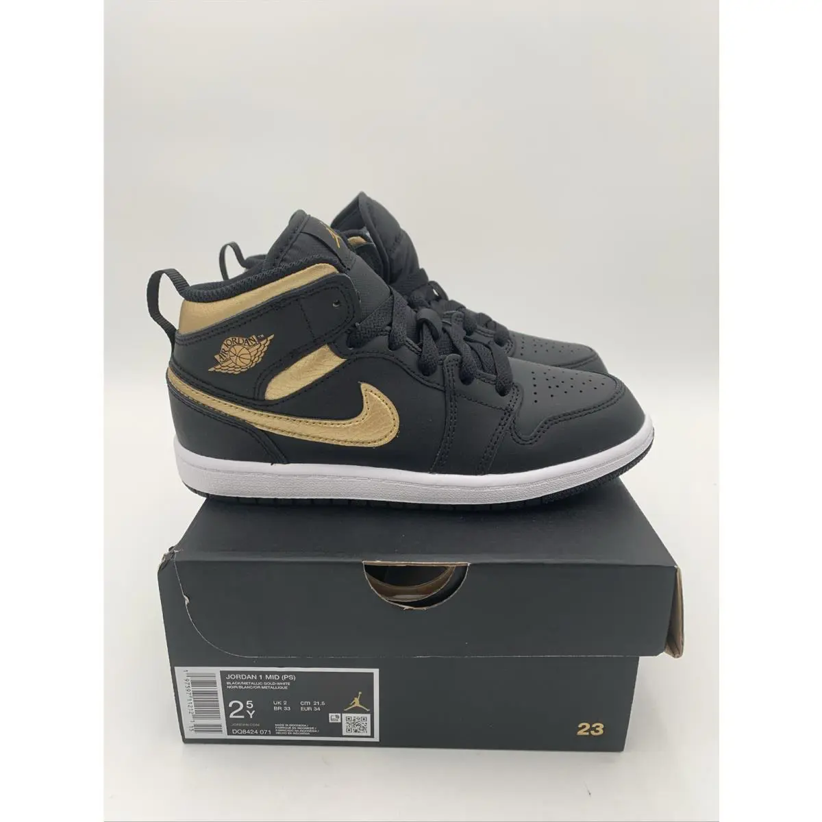 Nike Air Jordan 1 Mid GS Black Metallic Gold White DQ8424-071 Size 2.5Y