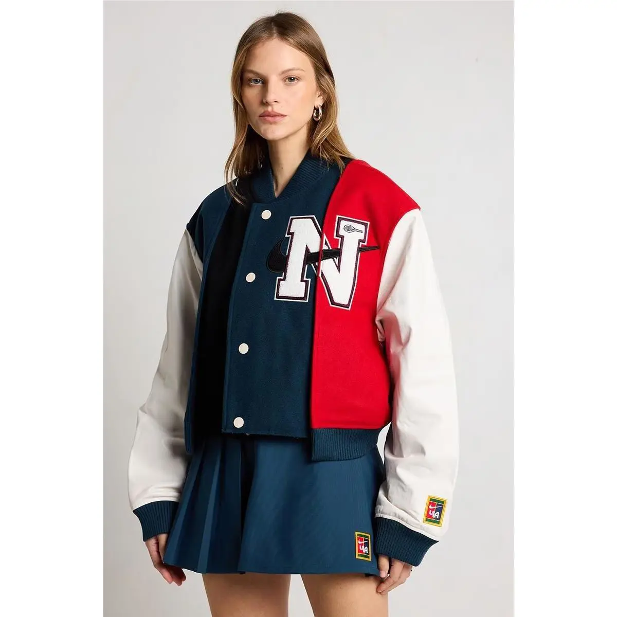 Nike Women’s Yoon Varsity Jacket 3XL Black Navy Leather Sleeves FZ0280