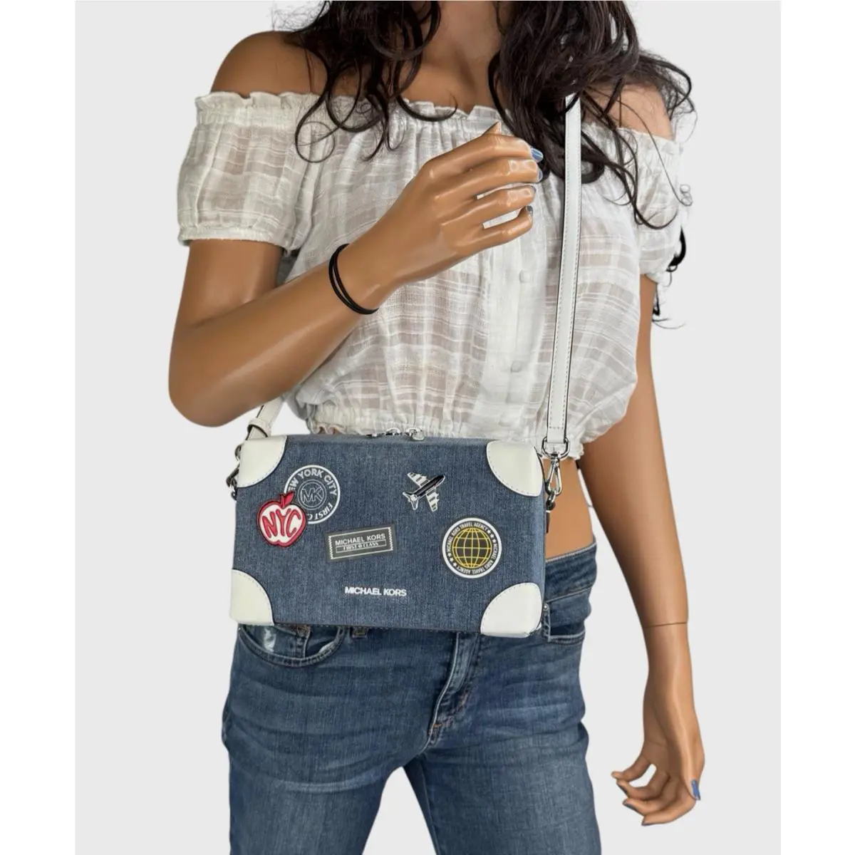 Michael Kors Jeanie Small East West Trunk Crossbody Bag MK Denim Multi