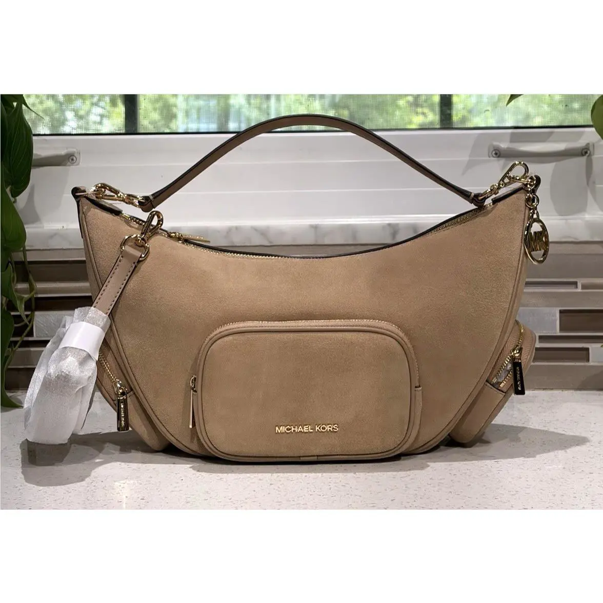 Michael Kors Merritt Medium Shoulder Convertible Bag Pockets Hobo Camel Suede