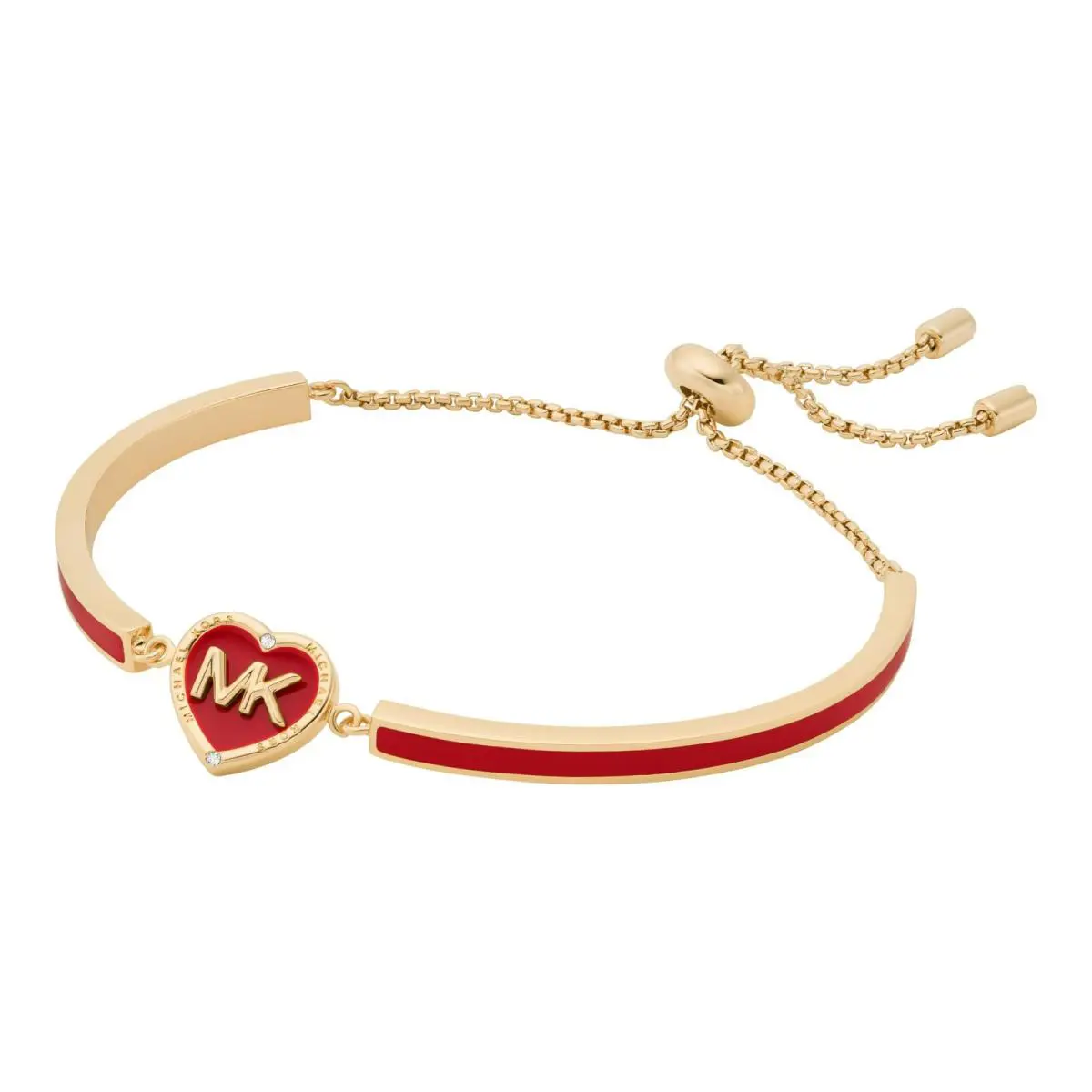 Michael Kors Gold Tone Red Enamel Logo Heart Shape `mk` Bangle Slider Bracelet