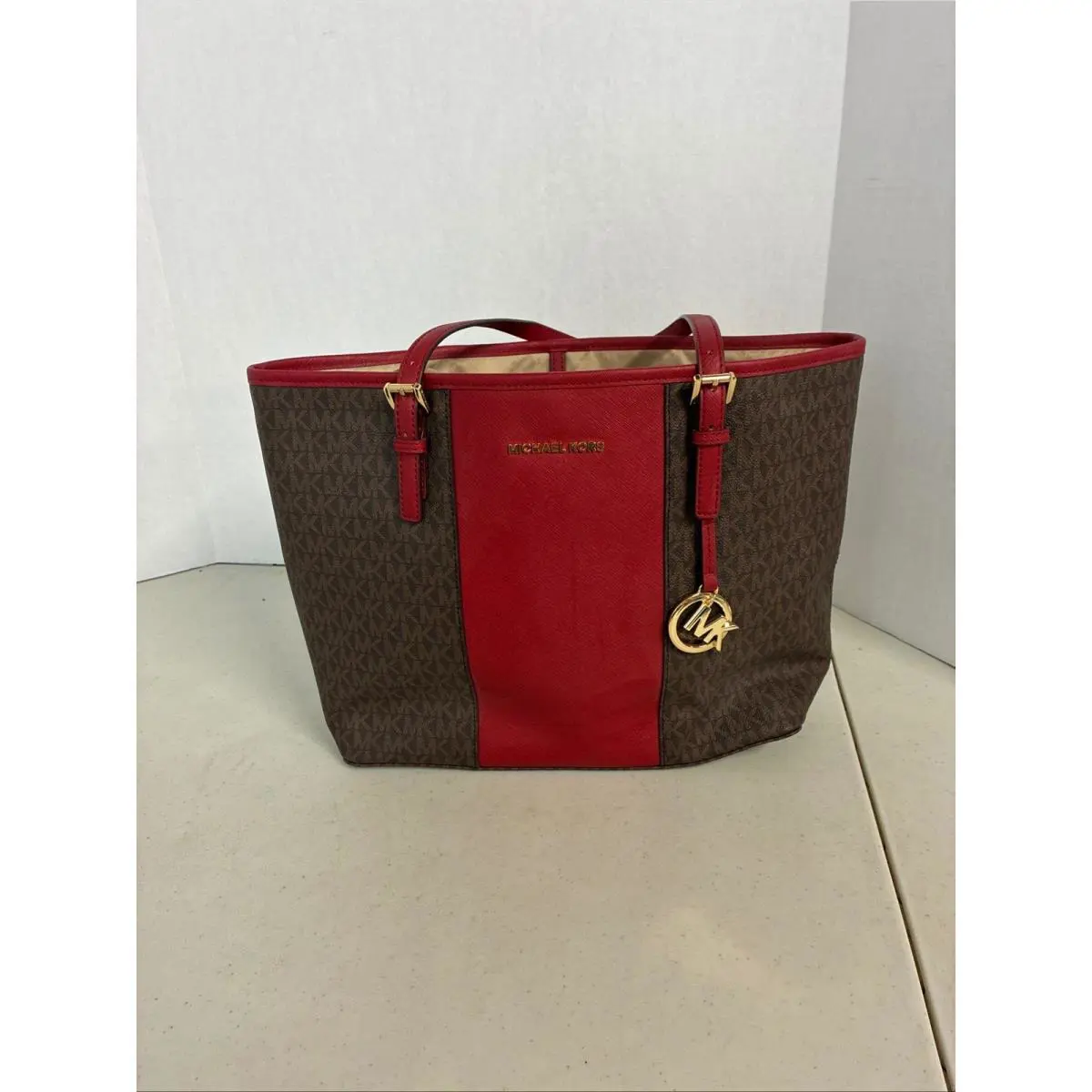 Michael Kors Brown Red Logo Tote Bag Gold Hardware Saffiano Trim Large
