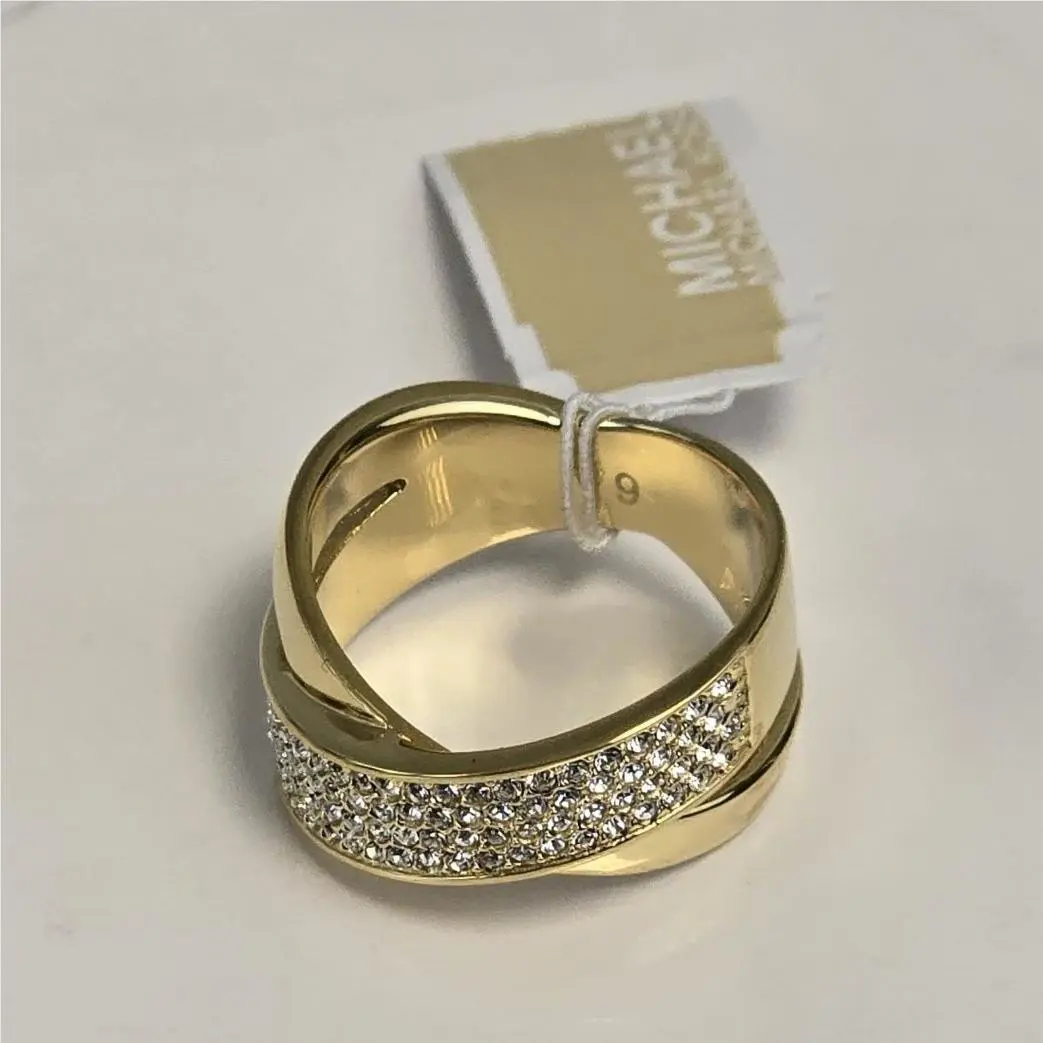 Michael Kors Brilliance Gold Tone Pavé Crystal Crisscross Ring Sz 8 MKJ28677108